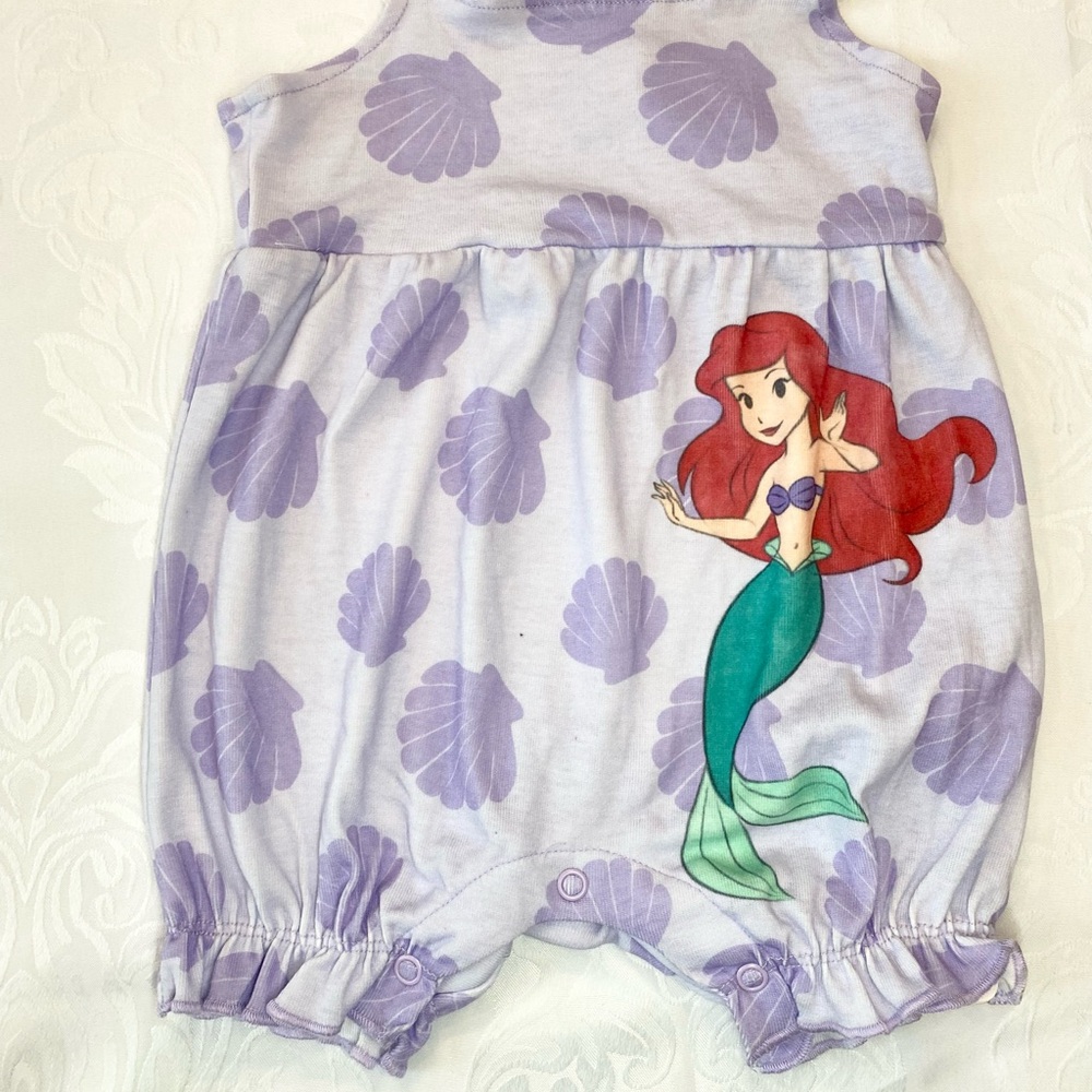 Disney Baby Princess Aril Lavender Shell Print Mermaid Romper, Size 3-6M - Picture 3 of 6
